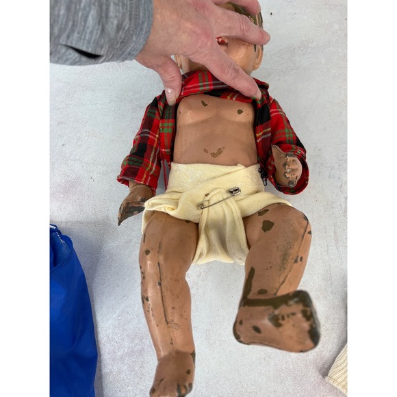 Metal Tin Vintage Antique Doll Creepy Large Eyes‎ Move Cast Rare Boy Guy - Picture 10 of 14